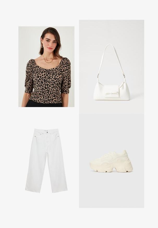 Chemisier imprimé léopard avec manches courtes bouffantes, décolleté carré et tissu texturé dans des nuances de beige et de noir.; Jean large blanc en denim avec taille haute, comportant cinq poches et des accents en métal. Texture lisse, sans motifs visibles.; Baskets blanches chunky en maille texturée et matériaux synthétiques, avec une semelle épaisse et des détails en motif complexes sur les côtés.; Sac à main synthétique blanc en forme triangulaire, avec un rabat avant plat et un détail en nœud, une bandoulière ajustable, une texture lisse et un design minimaliste.