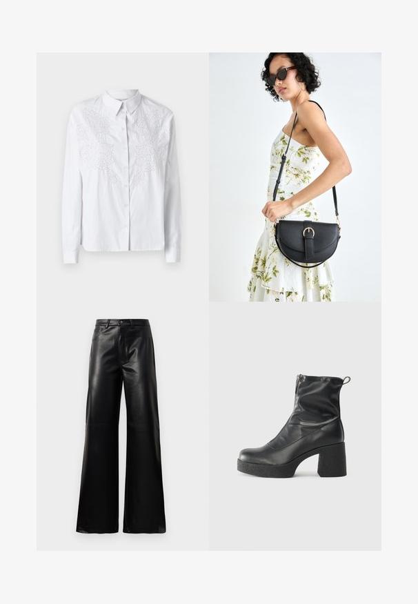 Fehér, hosszú ujjú ing, bonyolult fehér hímzéssel az elülső részen. Sima, könnyű anyag.; Fekete, magas derekú, széles lábú, műbőr nadrág elülső gombbal, cipzárral, övbújtatókkal és oldalsó zsebekkel, fehér háttérrel.; Fekete bokacsizmák sima bőrből, oldalsó cipzárral, vastag, texturált sarkú és lekerekített orrú dizájnnal.; Fekete bőrtáska ívelt formával, levehető pánttal és arany színű fémrészekkel. A táskán egy csattal díszített fedél található.