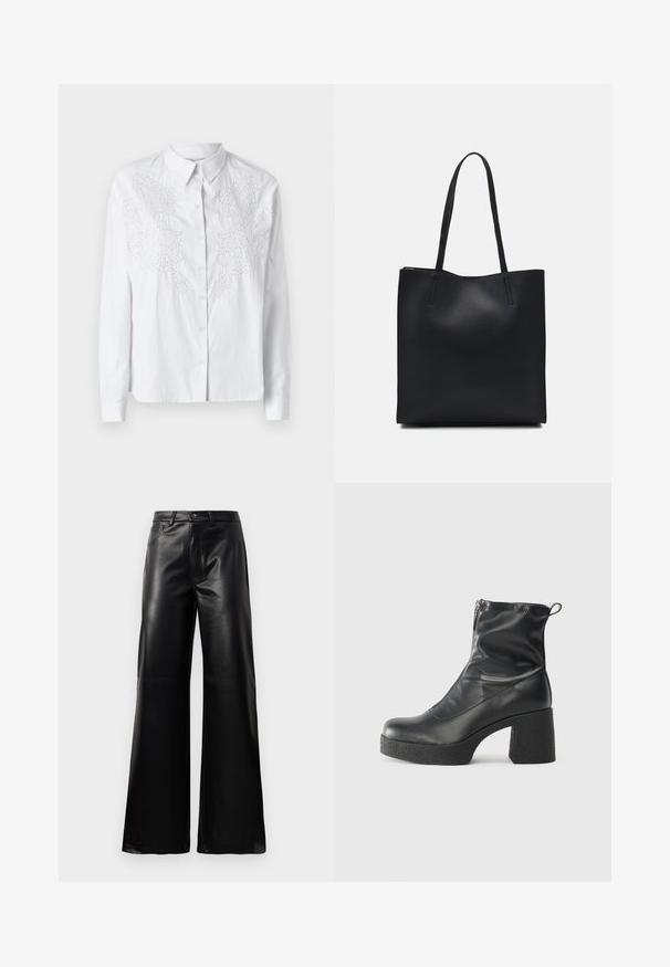 Cămașă albă cu guler, cu mâneci lungi, având o broderie albă complexă pe față. Material neted, ușor.; Pantaloni negri cu talie înaltă, largi, din piele sintetică, cu nasture frontal, închidere cu fermoar, bucle pentru centură și buzunare laterale pe fundal alb.; Bocanci negri de glezna din piele netedă, cu fermoar lateral, toc texturat și masiv, și design cu vârf rotund.; Geantă tote neagră din piele, cu textură netedă, formă rectangulară și două mânere lungi. Fără hardware vizibil sau ornamente.