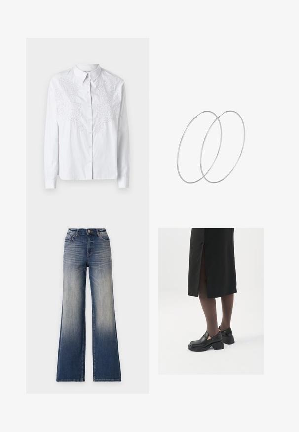 Balta marškinėliai su ilgomis rankovėmis, puošti sudėtingais baltais siuvinėjimais priekyje. Lygus, lengvas audinys.; Aukštai juosmenio plačios kojų džinsai šviesiai mėlynos iki tamsiai mėlynos džinsinio audinio su nublukimu, su mygtukų užsegimu ir diržo kilpomis. Švarus apdaila ir jokių matomų dekoracijų.; Juodos odinės bateliai su apvaliu nosiu, stora blokine pakulne ir elastingais šonais, derinami su tamsiomis pėdkelnėmis ir juoda sijonu su plyšiu.; Sidabrinės pusmėnulio auskarai minimalistiniu dizainu. Apskritimo forma, lygus paviršius ir plonas profilis. Lengvi su poliruotu apdailu.