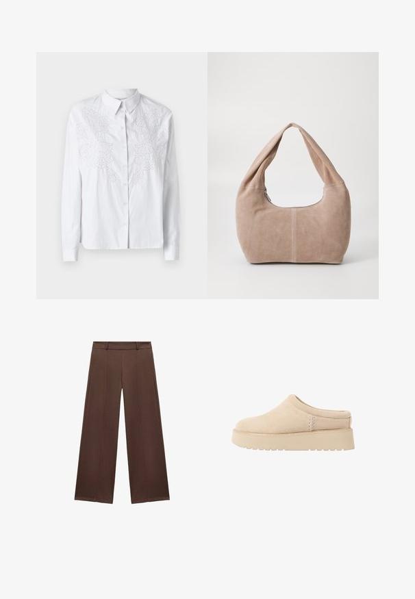 Bílá košile s dlouhými rukávy, s jemným bílým vyšíváním na přední straně. Hladká, lehká tkanina.; Hnědé široké kalhoty vyrobené z měkké tkaniny, s plochým bokem a pasem a sklady pro zvýšení textury.; Krémové semišové boty na klínku s kulatou špičkou a silnou, texturovanou podrážkou. Vyznačují se minimálním šitím a měkkým designem.; Hobo taška vyrobená z měkkého semišového materiálu v světle béžové barvě. Má zaoblený tvar, široký popruh a zipové uzavření.