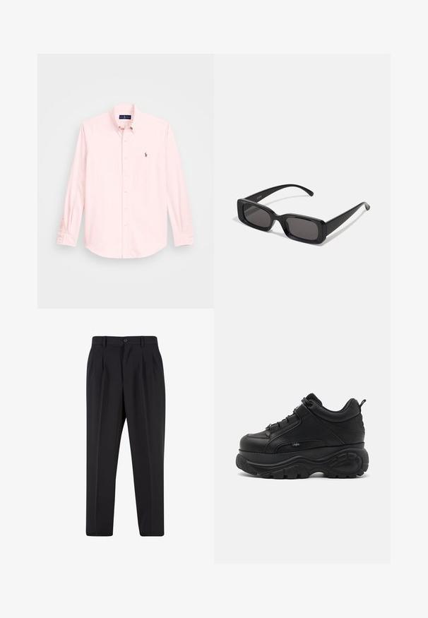 Lichtroze overhemd met lange mouwen en een button-down kraag, voorzien van een klein geborduurd logo op de linkerborst, gemaakt van een soepele katoenstof.; Zwarte broek met een geplooid design aan de voorkant, gemaakt van soepel stof. Voorzien van een knoopsluiting en riemlussen; rechte pasvorm.; Zwarte leren chunky sneakers met een dikke rubberen zool, strak design en geprofileerde accenten. Voorzien van veters en een trekhaak op de hiel.; Zwarte rechthoekige zonnebril met donkere lenzen, glanzende afwerking, brede pootjes en een robuust frameontwerp. Gegraveerde merknaam op één van de pootjes.
