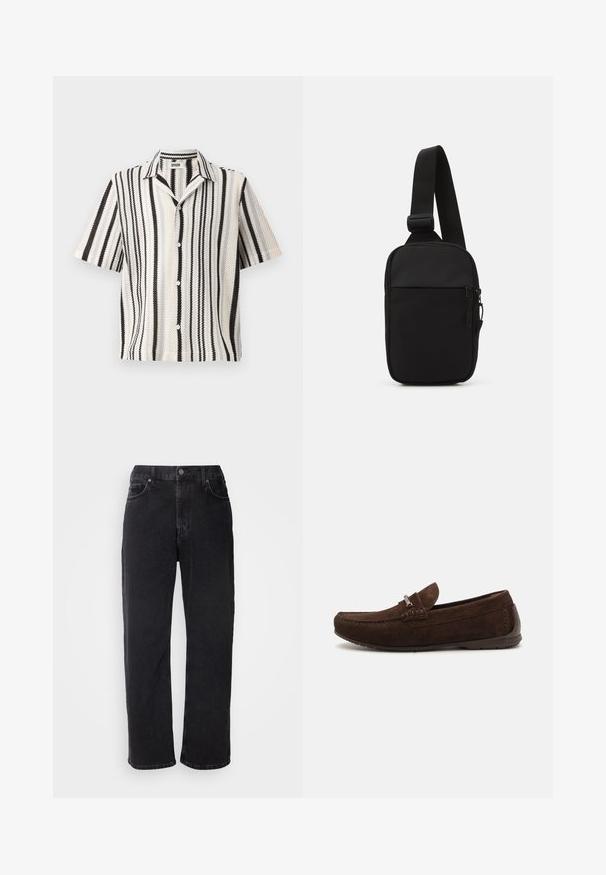 Camicetta a maniche corte con una trama intrecciata, caratterizzata da strisce verticali alternate in bianco e nero e un colletto classico. Chiusura frontale con cinque bottoni.; Due magliette di cotone nere con maniche corte e scollo rotondo. Entrambe presentano un'etichetta rossa del marchio sul collo. Design semplice e classico.; Jeans in denim nero con taglio dritto, cinque tasche e cuciture a contrasto. Presentano una chiusura con bottone e passanti per cintura sulla vita.; Mocassini in suede marrone con un design cucito, texture sottile, punta arrotondata e accentuazioni in metallo argentato. Suola bassa in gomma per il comfort.; Borsa a tracolla nera realizzata in tessuto resistente, con una singola tracolla regolabile, un compartimento principale con zip e una tasca frontale.