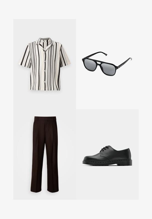 Korte mouwen overhemd met een geweven textuur, featuring afwisselend zwarte en witte verticale strepen en een standaard kraag. Vijf-knopen voor sluiting.; Witte katoenen tanktop met een ronde halslijn, brede schouderbanden en een rechte zoom, met een gladde textuur en zonder zichtbare patronen.; Bruine op maat gemaakte broeken met een recht design, voorzien van een voorplooien, een gladde textuur en een klassieke tailleband. Geschikt voor formele gelegenheden.; Zwarte leren oxford schoenen met vetersluiting, ronde neus, platte rubberen zool en subtiele stiksel details langs het bovenwerk.; Zwarte zonnebril met rechthoekige montuur, grijs getinte glazen en een uitgesneden ontwerp bij de neusbrug. Strak, glanzend kunststof materiaal met smalle veren.