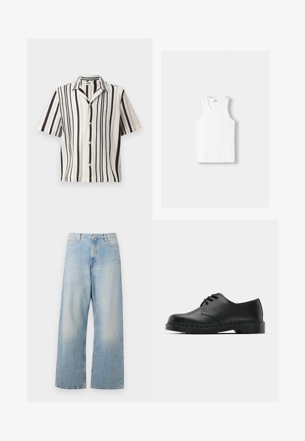 Lyhythihainen paita, jossa on kudottu pinta, ja se on varustettu vuorottelevilla mustilla ja valkoisilla pystysuorilla raidoilla sekä tavallisella kauluksella. Viiden napin etulista.; Valkoinen puuvillainen hihaton paita, jossa on pyöreä kaula-aukko, leveät olkaimet ja suora helma. Paidan tekstuuri on sileä, eikä siinä ole näkyviä kuvioita.; Vaaleansiniset leveälahkeiset farkut, jotka on valmistettu denimistä. Ne ovat korkeavyötäröiset, niissä on etutaskut ja haalistunut pesu, jossa on hienovaraista kulumista reiden kohdalla.; Musta nahkainen oxford-kengät, joissa on nauhakiinnitys, pyöreä kärki, litteä kumipohja ja hillitty ompelutaito yläosassa.