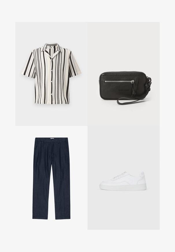 Korte mouwen overhemd met een geweven textuur, featuring afwisselend zwarte en witte verticale strepen en een standaard kraag. Vijf-knopen voor sluiting.; Donkerblauwe, loszittende broek van een gestructureerde stof met een knoopsluiting en zijzakken; straight leg ontwerp met een zachte afwerking.; Witte lage sneakers met vetersluiting, gladde bovenkant en rubberen zool op een effen lichte achtergrond.; Zwarte leren clutch met een gestructureerd oppervlak, voorzak met rits en een afneembare polsband. Beschikt over een logo-opdruk aan de voorkant. Rechthoekige vorm.