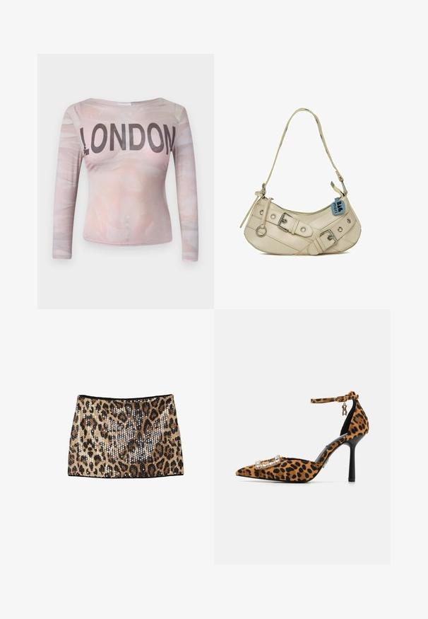 Langärmliges Oberteil mit einem hellrosa abstrakten Muster und dem Wort "LONDON" in fetten schwarzen Buchstaben auf der Brust. Stretchstoff.; Minirock im Leopardenmuster mit goldenen und schwarzen Pailletten, tailliertem Design und schwarzem Bund.; Leopardenmuster High-Heel-Schuh mit spitzer Zehe, Samttextur, Knöchelriemen und mit Kristallen besetzter Schnalle. Schwarzer Stilettoschuh.; Cremfarbener Lederbeutel mit geschwungenem Design, ausgestattet mit silbernem Zubehör, einem Reißverschlussverschluss und dekorativen Riemen mit Ringen.