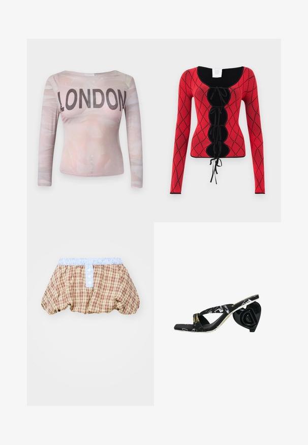 Pikad varrukad on kerge roosa abstraktse mustriga ning rinnal on rasvaste mustade tähtedega "LONDON" trükitud. Veniv kangas.; Punane kudumisest pikkade varrukatega topp, millel on teemantmuster, mustad aktsendid, ümmargune kaelus ja ees lööri detaili sidumisvõimalus.; Ruududega puffed lühikesed püksid pruunis, beežis ja punases, helesinise triibulise vöökohtadega ning nuppudega detailid ees.; Musthave musta plätud ristipehmetega, muster ülemine osa ja skulpturaalne must süda kujuline konts, millel on logodetail.