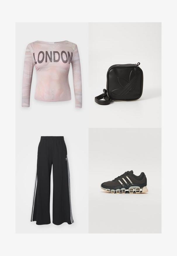Langärmliges Oberteil mit einem hellrosa abstrakten Muster und dem Wort "LONDON" in fetten schwarzen Buchstaben auf der Brust. Stretchstoff.; Schwarze weite Sweatpants mit elastischem Bund, versehen mit weißen Seitestreifen und einem gestickten Logo auf dem linken Oberschenkel.; Schwarzer Sportschuh mit einer strukturierten Oberseite, drei silbernen Streifen und einer markanten Dämpfungssohle mit mehreren integrierten Sektionen.; Schwarze Umhängetasche aus strukturiertem synthetischem Material. Verfügt über ein eingeprägtes Logodesign und einen verstellbaren Riemen. Mit Reißverschluss geschlossen.