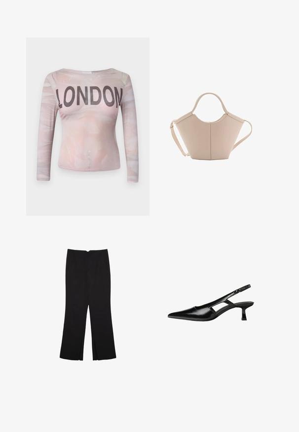 Maglia a maniche lunghe con un motivo astratto in rosa chiaro e la scritta "LONDRA" in lettere nere in grassetto sul petto. Tessuto elasticizzato.; Pantaloni neri a gamba dritta, con tasche frontali e spacchi laterali all'orlo. Realizzati in tessuto morbido e liscio. Adatti a diverse occasioni.; Tacchi slingback in pelle verniciata nera con punta affusolata, design con tagli laterali e tacco quadrato piccolo. Texture liscia con dettagli minimi.; Borsa in pelle beige con una forma unica, caratterizzata da due manici corti e una lunga tracolla regolabile. Texture liscia con hardware minimale.