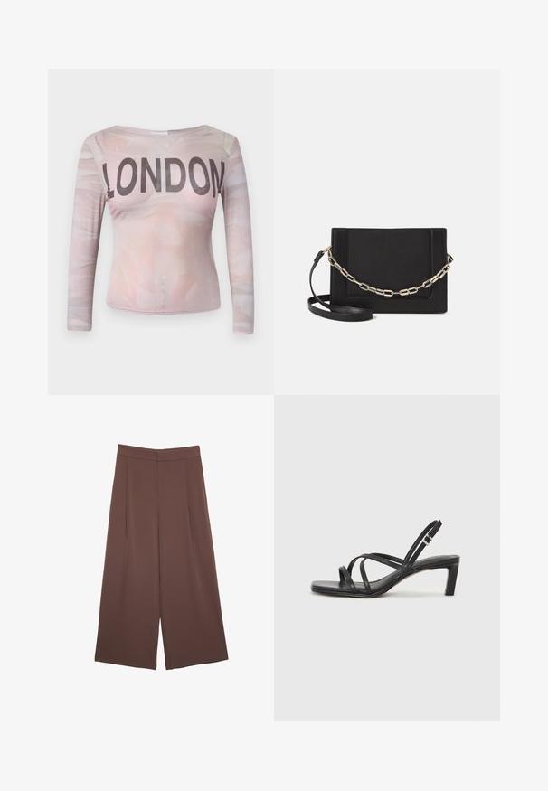Dolg rokav srajca z svetlo roza abstraktnim vzorcem in natisnjenim napisom "LONDON" v bold črni barvi čez prsi. Raztegljiv material.; Rjave široke hlače z gladko teksturo, ki imajo visok pas in sprednje naborke. Tkanina je lahka in prosto pada.; Črne natikače s trakovi in kvadratnim prstom ter nizkim blokastim peto. Imajo več tankih trakov in nastavljiv trak okoli gležnja. Narejene so iz gladkega usnja.; Črna usnjena torba čez ramo z gladko teksturo, pravokotno obliko in kovinskim verižnim detajlom spredaj. Vključena je nastavljiva naramnica.