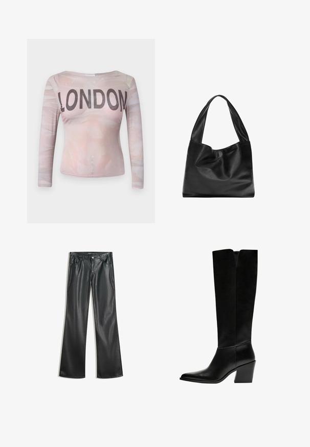 Långärmad topp med ett ljusrosa abstrakt mönster och "LONDON" tryckt med fet svarta bokstäver över bröstet. Stretchigt tyg.; Svarta fusk läder flarebyxor med en slät textur, femfickorsdesign, dragkedja fram och kontrasterande sömmar.; Svarta knästövlar i släthet läder, med spetsig tå, blockklack och ett V-format urtag högst upp.; Svart läder tote-väska med en mjuk, sluttande design, breda handtag och slät yta. Ingen synlig hårdvara eller utsmyckningar.