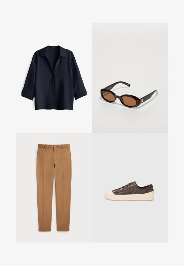 Navyblaue Kurzarm-Hemd mit strukturiertem Oberflächen, klassischem Kragen und sechs passenden Knöpfen entlang der Vorderseite.; Braune Baumwollhosen mit schmalem Schnitt, flachem Vorderteil und Standardtaschen; glatte Textur und abgeschnittene Säume.; Braune, gemusterte Canvas-Sneaker mit goldenen Ösen, Schnürverschluss und einer weißen Gummikappe sowie Sohle. Mit einer strukturierten Oberfläche.; Braune Schildpatt-Sonnenbrille mit ovalen Gläsern, ausgestattet mit einem dünnen Rahmen und einem kleinen metallischen Akzent an der Seite. Texturierte und polierte Oberfläche.; Braune strukturierte Ledertasche mit goldener Kettenriemen und Klappenverschluss. Die Vorderseite zeigt ein Logo-Detail und eine Tasche unter der Klappe.