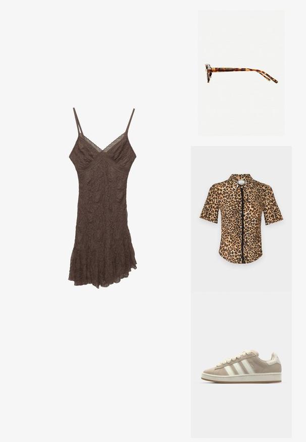 Koszula z krótkim rękawem zapinana na guziki, z wzorem w panterkę w odcieniach brązu i czerni. Gładka tekstura, klasyczny kołnierzyk i listewka z guzikami z przodu.; Brązowa sukienka na ramiączkach z koronką, z cienkimi ramiączkami, dekoltem w kształcie litery V, teksturowanym materiałem i falbaniastym dołem. Delikatne wzory kwiatowe na całej powierzchni materiału.; Zamszowe sneakersy w kolorze tan z białymi skórzanymi paskami i sznurowadłami, gumową podeszwą, wyściełanym kołnierzem oraz fakturowanymi detalami na górnej części.; Okulary przeciwsłoneczne w kratkę w grubej oprawie, lekko zakrzywionymi zausznikami i gładką teksturą. Charakteryzują się klasycznym wzornictwem i błyszczącym wykończeniem.; Brązowa skórzana torba na ramię o teksturowanym wykończeniu, zaokrąglonym kształcie, złotych akcentach, regulowanym pasku i zapięciu na klapę.