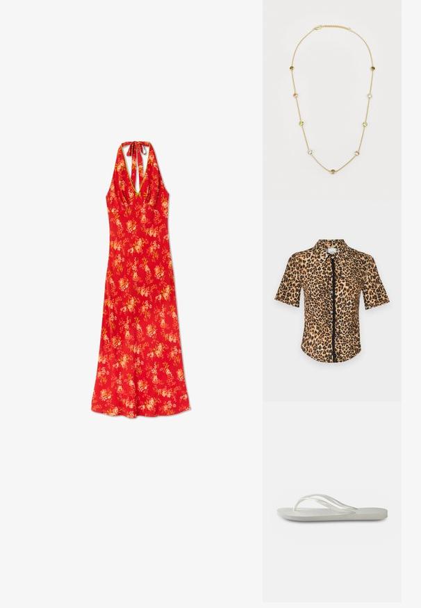 Lühieste särgid, millel on leopardimuster pruunides ja mustades toonides. Sile tekstuur klassikalise krae ja esipaneeliga.; Punane lilleline suvekleit, millel on halter-kaela disain, head sobivuse ja vooluvaatega seelik. Kleidil on kerge kangas ja sile tekstuur.; Valged plätud tekstureeritud tallaga, õhukeste rihmade ja lameda disainiga. Valmistatud kummist, jalaosa peal on diskreetne logo.; Musta nahk käekott, millel on frantsiisid, kuldne ahelsanga ja lõigatud käepide. Esiosas on logot.; Kuldne kaelakee, mis sisaldab vaheldumisi kergelt rohelisi, roosa ja selgeid vääriskive. Iga gemm on paigutatud ümmargusesse raamisse.