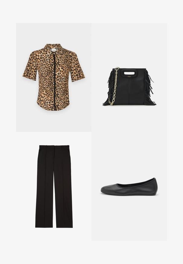 Koszula z krótkim rękawem zapinana na guziki, z wzorem w panterkę w odcieniach brązu i czerni. Gładka tekstura, klasyczny kołnierzyk i listewka z guzikami z przodu.; Czarne dopasowane spodnie wykonane z gładkiej tkaniny, charakteryzujące się prostymi nogawkami i dwoma bocznymi kieszeniami. Elegancka i minimalistyczna konstrukcja.; Czarne skórzane baletki z zaokrąglonym noskiem, gładką fakturą, minimalnymi przeszyciami i elastycznym designem podeszwy.; Czarna skórzana torebka na ramię z frędzlami, złotym łańcuszkiem oraz wyciętym uchwytem. Posiada umieszczone na przodzie logo.