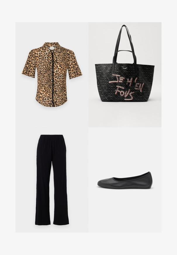 Košile na knoflíky s krátkým rukávem, s leopardím vzorem v odstínech hnědé a černé. Hladký materiál s klasickým límcem a předním zapínáním.; Černé, lehké kalhoty s elastickým pasem a rovnými nohavicemi. Měkká textura bez viditelných vzorů nebo akcentů. Jednoduchý a všestranný styl.; Černé kožené baletní byty s kulatou špičkou, hladkou texturou, minimálními švy a flexibilním designem podrážky.; Černá taška přes rameno z texturovaného materiálu s diamantovým vzorem, ramenními popruhy a odvážným červeným a bílým nápisem "JE M'EN FOUS."