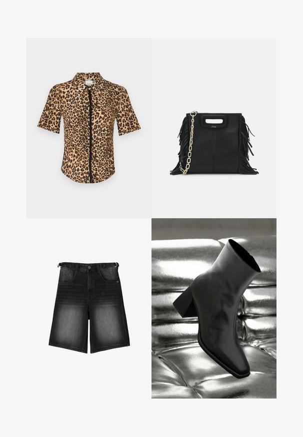 Camicia a maniche corte con bottoni, caratterizzata da una stampa leopardata in tonalità di marrone e nero. Tessuto liscio con colletto classico e pattina frontale.; Shorts in denim nero con una finitura scolorita, cinque tasche, chiusura con bottone e passanti per cintura. Il tessuto ha una consistenza liscia.; Stivale alla caviglia nero realizzato in materiale lucido con punta quadrata e tacco affusolato, posizionato su uno sfondo argentato lucido con imbottiture a sfera.; Borsa a tracolla in pelle nera con dettagli a frangia, catena dorata e manico ritagliato. Presenta il logo sulla parte anteriore.; Orecchini color oro con una forma liscia e arrotondata, caratterizzati da una superficie riflettente e una chiusura a perno per un indossamento sicuro.