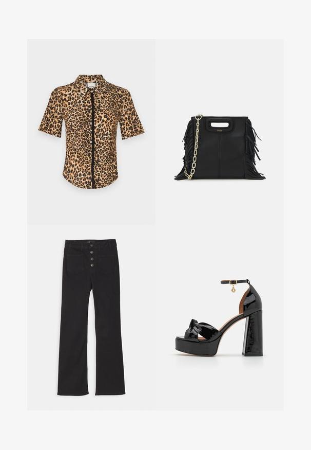 Rövid ujjú, gombos ing, barna és fekete leopárd mintázattal. Simább textúra, klasszikus gallérral és elöl gombolással.; Fekete, bővülő szárú farmernadrág, magas derékkal, öt zsebes dizájnnal és elöl négy fémből készült gombbal záródik.; Maje Magas sarkú szandálok - noir; Fekete bőr kézitáska, frufrus részletekkel, arany láncos vállpánttal és kivágott fogantyúval. Az elülső részen logó található.