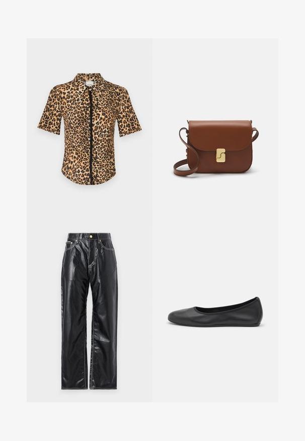 Camisa de botones con mangas cortas, con un estampado de leopardo en tonos marrones y negros. Textura suave con cuello clásico y tapeta frontal.; Pantalones de cuero sintético negros con corte de pierna ancha, que presentan costuras blancas, bolsillos delanteros y un botón dorado en la cintura.; Bailarina de piel negra con punta redondeada, textura suave, detalle de costura minimalista y diseño de suela flexible.; Bolso de mano de cuero marrón con cierre de solapa, herrajes en tono dorado, correa para el hombro y una textura suave. Forma rectangular compacta.