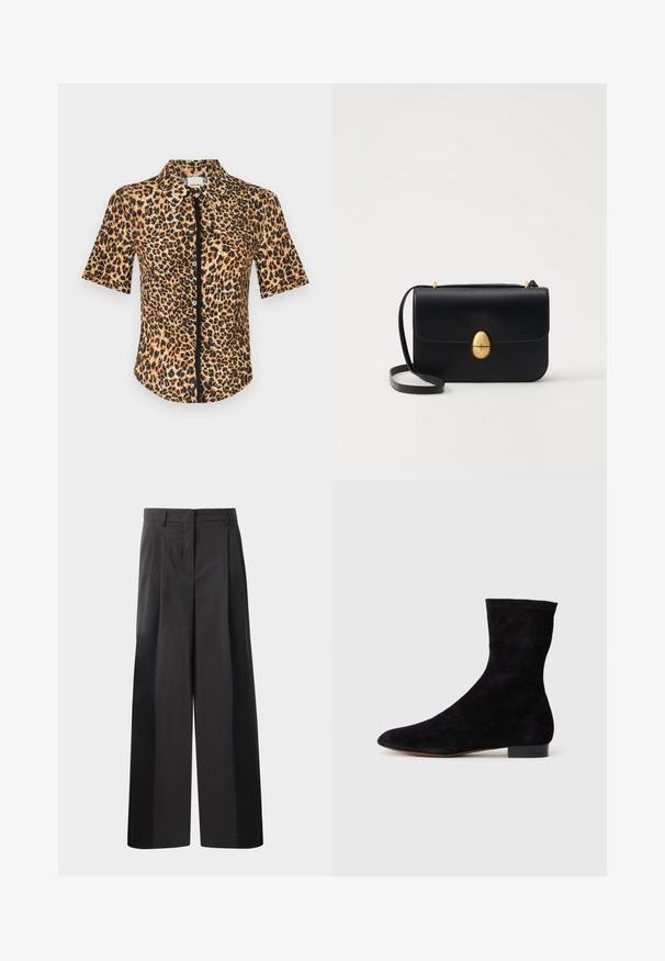 Button-up shirt with short sleeves, featuring a leopard print in shades of brown and black. Smooth texture with a classic collar and front placket.; Black wide-leg trousers with a high waist, featuring front pleats, a smooth texture, and a tailored finish. Designed for a relaxed fit.; Black suede ankle boot with a fitted shaft, pointed toe, and a low block heel. Smooth texture and minimalistic design, suitable for versatile styling.; Black leather handbag with a structured rectangular shape. Features a golden oval clasp and a thin shoulder strap. Smooth texture.