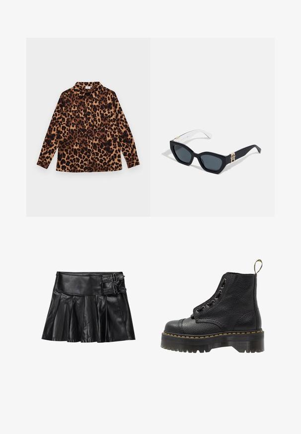 Leopardo rašto marškiniai su mygtukų užsegimu, ilgomis rankovėmis, dviem krūtinės kišenėmis ir apykakle. Pagaminti iš minkštos medžiagos su šiltu spalvų palete.; Juodas odinis sijonas su kiekiais, platus liemuo ir dvi sagties detalės šone. Lygi tekstūra su blizgiu paviršiumi.; Juodas odinis aulinukas iki kulkšnies su tekstūruotu paviršiumi, apvaliu pirštu, raištelių uždarymo dizainu, geltonomis siūlėmis ir storu, briaunotu juodu platformos padu.; Tommy Hilfiger Akiniai nuo saulės - blue