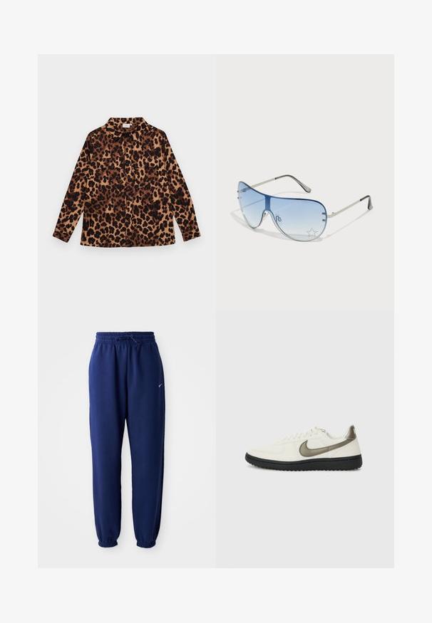 Leopard print shirt featuring a button-up design, long sleeves, two chest pockets, and a collar. Made of soft fabric with a warm color palette.; Navy blue sweatpants made of soft fabric, featuring an elastic waistband with drawstring, elastic cuffs, and a small white logo.; Nike Sportswear FIELD GENERAL - Trainers - off-white/black; Aviator sunglasses featuring a gradient blue lens, silver metal frame, and decorative star accents on the lens. Smooth and sleek design.