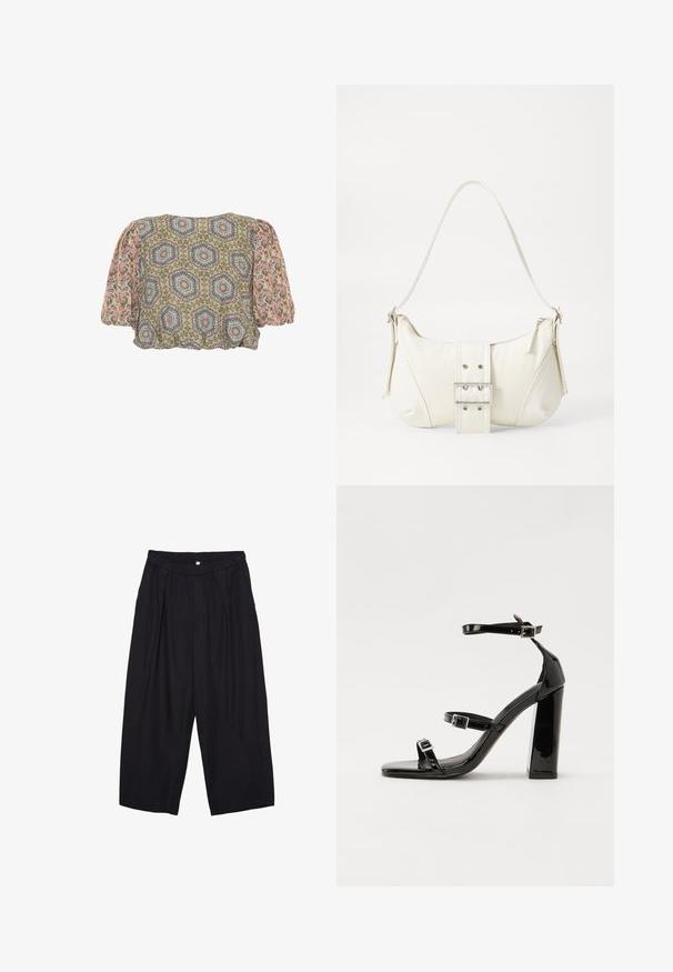 Blusa corta a maniche corte con un motivo esagonale e paisley multicolore su un tessuto leggero; presenta maniche gonfie e un orlo arricciato.; Pantaloni culotte neri in poliestere con una cintura elastica, due pieghe frontali e una silhouette ampia. Nessun motivo visibile o dettagli in metallo.; Sandali con tacco in vernice nera, con punta squadrata, cinturini alla caviglia e fibbie in argento. Presentano un tacco a blocco spesso per maggiore stabilità.; Borsa a spalla bianca con una finitura testurizzata, un accentuato fermaglio centrale e una forma curva. Chiusure a cerniera su entrambi i lati.