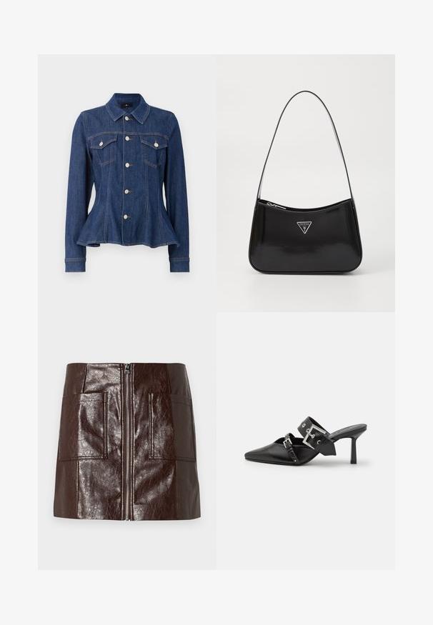 Tumši zila džinsa jaka ar piegulīgu vidukli, pogu priekšpusi, divām krūšu kabatām un garām piedurknēm. Līdz ar to ir arī izteikta apkakle un smalkas izšūšanas detaļas.; Brūna mākslīgā āda mini svārki ar priekšējo rāvējslēdzēju, divām lielām priekšējām kabatām un gludu, spīdīgu tekstūru.; Melnas augstpapēžu mūles ar norādītu purngalu, izgatavotas no gludas ādas. Iekļauj plašu potītes siksnu ar kvadrātveida sudraba sprādzi un kniedēm.; Melna lakota ādas plecu soma ar izliekta formu, kurai ir sudraba trīsstūra logs un rāvējslēdzēja aizdare. Gluda tekstūra un šaurs siksna.