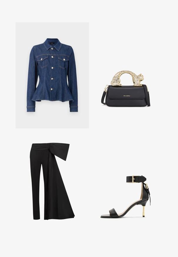 Mørkeblå denimjakke med en tætsiddende talje, knaplukning foran, to brystlommer og lange ærmer. Har spids krave og subtile syninger.; Sort rynket kjole lavet af tekstureret stof, der har flere lag og en samlet halsudskæring, hvilket skaber en voluminøs silhuet.; Sorte bukser med et bredt, draperet bånddetalje ved taljen. Glat stof, lige benudskæring og plisseret talje.; Sort læder hæl sandal med firkantet tå, ankelrem med en guldbuckle og en slank metallisk hæl. Glat tekstur, minimalistisk design.; Sort læderhåndtaske med et håndtag formet som en guldkat, som har en frontklap, justerbar rem og logo-detalje på den nederste front.