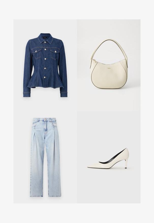 Tmavomodrá džinsová bunda s priliehavým pásom, predným zapínaním na gombíky, dvoma náprsními vreckami a dlhými rukávmi. Obsahuje vystúpený golier a jemné detaily šitia.; Svetlomodré džínsy s vysokým pásom, širším strihom po celej dĺžke, dvoma bočnými vreckami a skladaným dizajnom. Mäkka textúra s vyblednutým vzhľadom.; Biele lakkované vysoké podpätky s ostrou špičkou, úzkym podpätkom a čiernym interiérovým detajlom. Hladká textúra a elegantný dizajn.; Krémová kabelka s textúrovaným povrchom, zakriveným tvarom, krátkym uchom a detailom loga v zlatom tóne. Zapínanie na zips na vrchu.