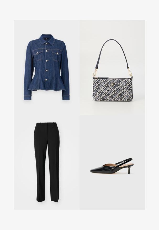 Tamsiai mėlyna džinsinė striukė, prigludusi prie liemens, su mygtukų užsegimu, dviem krūtinės kišenėmis ir ilgomis rankovėmis. Turi pakeltą apykaklę ir subtilius siuvinėjimo akcentus.; Juodi pritaikyti kelnių modeliai su tiesiomis kojomis, pasižyminčios lygiomis tekstūromis ir ryškiomis klostėmis priekyje. Nėra matomų detalių.; Juodas patentuotas odinis slingback batelis su smailiu nosimi, mažu kulniuku ir išpjovimais ant priekinės dalies. Auksinės spalvos detalės ant šono.; Stačiakampis rankinukas su tamsiai mėlynu ir kreminiu geometriniu raštu, tekstūruota medžiaga, auksiniai aksesuarai ir viena tamsiai mėlyna petneša.