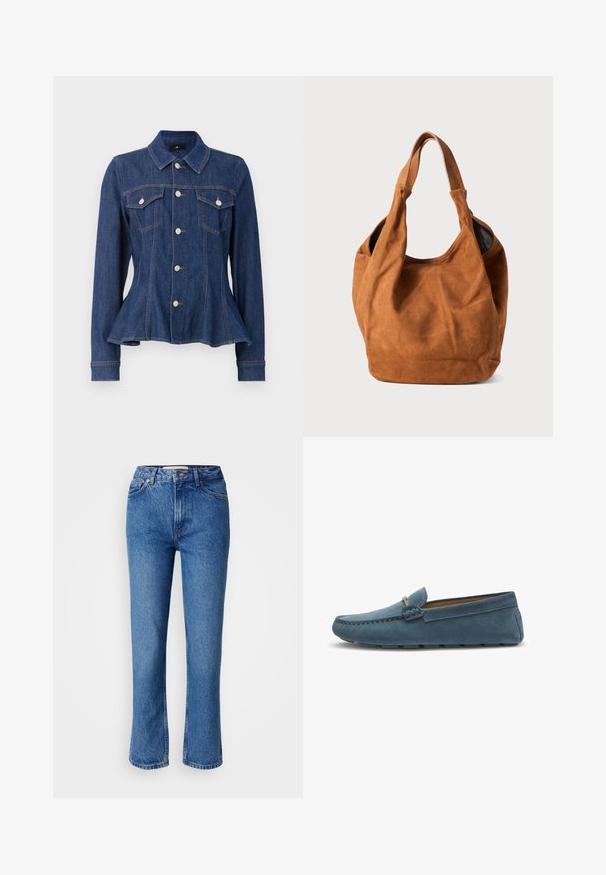 Dark blue denim jacket with a fitted waist, button front, two chest pockets, and long sleeves. Features peaked collar and subtle stitching details.; Blue denim jeans with a straight-leg cut, featuring a classic five-pocket design, orange stitching, and a button fly closure.; Blue suede loafers with a flat sole, featuring a stitched design along the edges and a decorative metal accent at the front.; Brown suede shoulder bag with a soft texture, curved shape, and two handles. Features a minimal design with no visible hardware or accents.