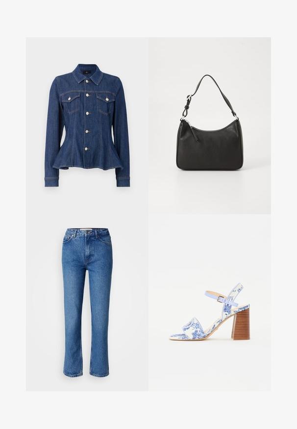 Temno modra jeans jakna z oprijetim pasom, gumbom spredaj, dvema žepoma na prsih in dolgimi rokavi. Ima izstopajoč ovratnik in subtilne šive.; Modra traper hlače s ravnim krojem, ki vključujejo klasičen dizajn s petimi žepi, oranžnim šivanjem in zapiranjem na gumb.; Modra sandal z cvetličnim vzorcem, s kvadratnim nosom, širokim trakom in nastavljivim gležnjevim trakom, ki ima teksturiran lesen blokast pet.; Črna usnjena torba za roke s ukrivljenim oblikom, enim trakom, zadrgo in diskretnim blagovnim znamkom na sprednjem delu. Gladka tekstura, minimalističen dizajn.