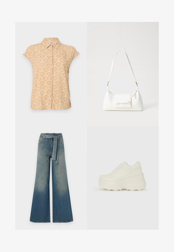 Šviesiai bežinis trumpomis rankovėmis marškinėliai, pagaminti iš audinio su reljefiniu kiauto raštu, turintys smailų apykaklę ir užsegimus priekyje su sagomis.; Platus džinsinis kelnes su šviesiai tamsiai mėlynu gradientu, aukštu juosmeniu, diržo kilpomis ir atitinkančiu audinio diržu. Textūruotas džinsinis paviršius.; Baltos platformos sportbačiai su lygiu odos primenančiu paviršiumi, apvalia forma, paminkštintu apykakle ir tekstūruotu guminiu padu su ryškiais protektoriais.; Balta sintetinė rankinė trikampio formos, plokščiu priekiu su užsegimu, kaspino detale, reguliuojama dirželiu, lygia tekstūra ir minimalistišku dizainu.