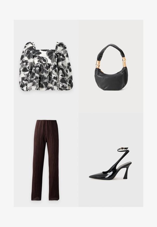 Črno-bela cvetna bluzica s napihnjenimi rokavi, kvadratnim izrezom, teksturirano tkanino in metalnimi nitmi, ki ustvarjajo plasteni videz.; Rjave široke hlače z gubami, visokim pasom in tekočim oblikovanjem. Narejene iz lahkega materiala. Brez vidnih zapiral.; Črne patentne usnjene slingback visoke pete s koničastim nosom, nastavljivim gležnjastim trakom in zmerno blokasto peto. Gladka tekstura z bleščečim zaključkom.; Črna usnjena torbica okrogle oblike, mehke teksture, z vozlanim ročajem in zlatimi kovinskimi dodatki. Zadrga za zapiranje.
