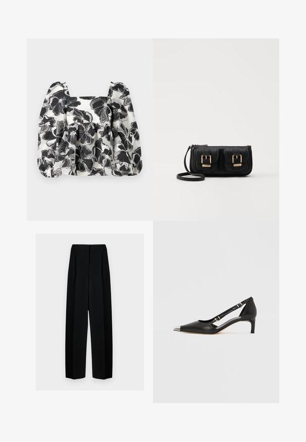 Črno-bela cvetna bluzica s napihnjenimi rokavi, kvadratnim izrezom, teksturirano tkanino in metalnimi nitmi, ki ustvarjajo plasteni videz.; Črne široke hlače z visokim pasom, ki vključujejo naborke in gladko teksturo. Tkanina se zdi lahka in elegantno pada.; Črni usnjeni čevelj z rahlo peto, z ostro srebrno konico in dvema paščkoma z zaponkama na belem ozadju.; Črna usnjena torbica čez ramo z dvema sprednjima žepoma, zlatimi zaponkami, zadrgo in ozkim pasom. Tekstura površine je strukturirana, obliko pa ima kompaktno pravokotno.