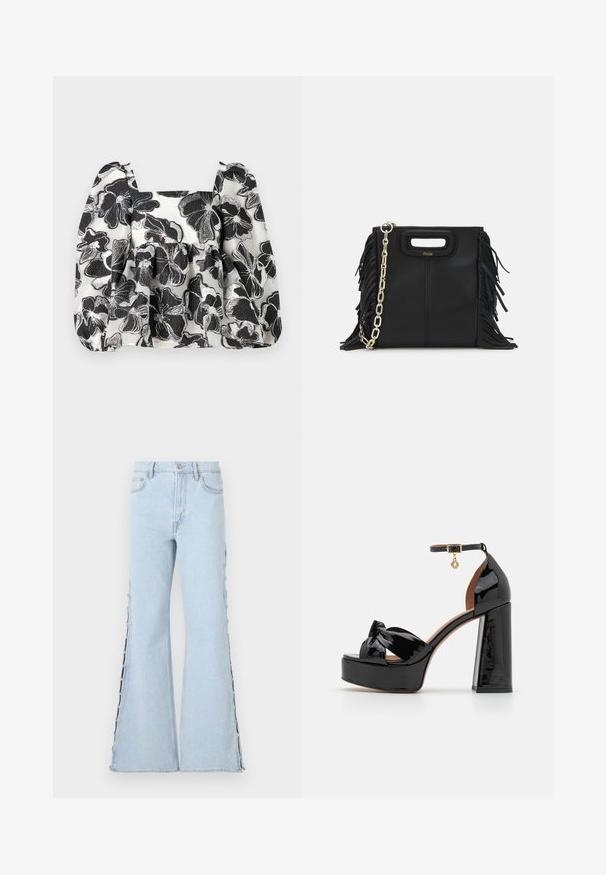 Juodai balta gėlėta bluzonė su pūstomis rankovėmis, kvadratiniu iškirpimu, tekstūruota medžiaga ir metaliniai siūlai, kurie sukuria sluoksniuotą išvaizdą.; Šviesiai mėlyni plačiai išsiplėtę džinsai, pasižymintys aukštu juosmeniu, su mygtukų detale palei šonines siūles ir švelnia džinsinio audinio tekstūra.; Maje Aukštakulniai sandalai - noir; Juodas odinis rankų darbo rankinys su frinzuotomis detalėmis, auksine grandinės petneša ir išpjauto dizaino rankena. Pirmoje pusėje yra logotipo vieta.