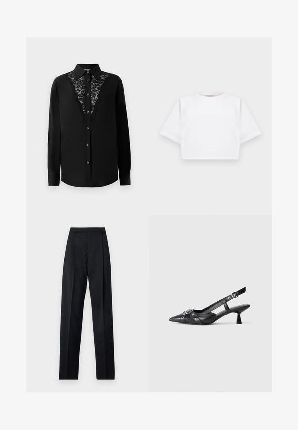 Black long-sleeve button-up shirt with lace panel detailing down the front and a pointed collar.; Cropped white t-shirt made of soft fabric, featuring short sleeves, a round neckline, and ribbed hem details. Simple and unembellished design.; Black trousers made from smooth fabric featuring a high waist, wide legs, front pleats, and classic belt loops. No side pockets visible.; Black leather slingback shoe with a pointed toe, decorative straps featuring metal eyelets, and a low block heel. Textured surface.