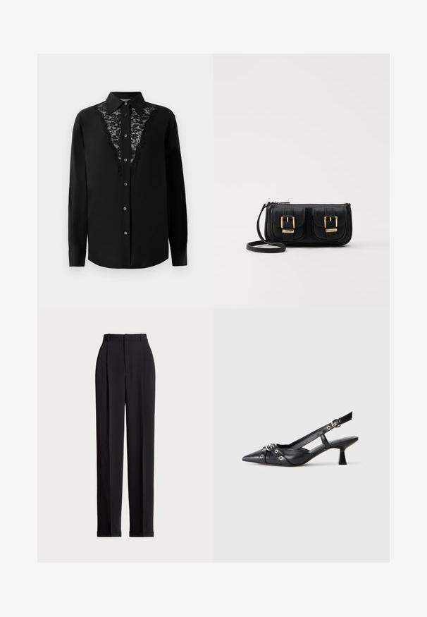 Črna srajca z dolgimi rokavi, z gumbi, z čipkastimi detajli po sprednji strani in koničastim ovratnikom.; Črne krojene hlače z visokim pasom, z naborki spredaj, ravnim krojem in manšetami na koncu. Narejene iz gladkega materiala.; Črne usnjene sandale središnje zaponke z ostro konico, okrasnimi trakovi z kovinskimi očesi in nizko blokasto peto. Teksturirana površina.; Črna usnjena torbica čez ramo z dvema sprednjima žepoma, zlatimi zaponkami, zadrgo in ozkim pasom. Tekstura površine je strukturirana, obliko pa ima kompaktno pravokotno.