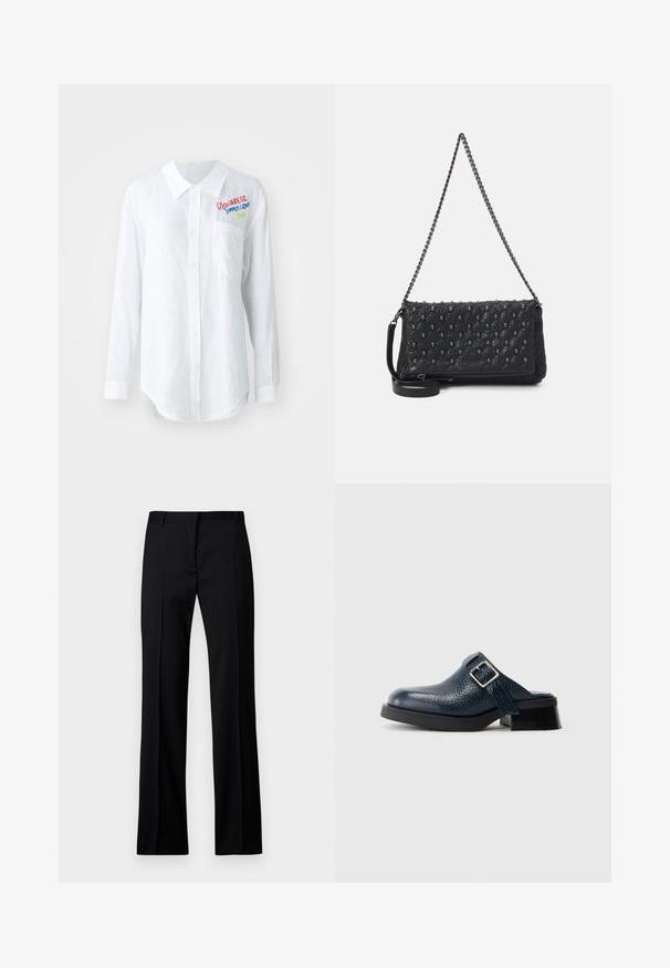 Camicia bianca a maniche lunghe in lino, con colletto a punta, chiusura con bottoni, tasca a sinistra e testo ricamato colorato sul petto.; Pantaloni neri a gamba dritta in tessuto liscio, con vita piatta, passanti per la cintura e senza tasche visibili o decorazioni.; Zoccolo in pelle blu navy con finitura testurizzata, dotato di una fascia laterale e fibbia in argento, poggiato su un tacco nero basso con una suola robusta.; Borsa in pelle trapuntata nera con tracolla a catena, caratterizzata da dettagli a forma di teschio e chiusura con zip. Superficie texture con finitura lucida.