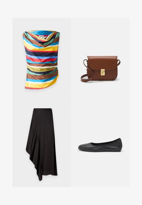 Écharpe multicolore avec de larges rayures horizontales dans des tons de bleu, rouge, jaune, marron et vert. Tissu lisse avec une conception drapée.; AERON ASTER SKIRT - Jupe crayon - black; Ballerines en cuir noir avec un bout rond, texture lisse, détails de couture minimalistes et design de semelle flexible.; Sac à main en cuir marron avec une fermeture à rabat, des accents en métal doré, une bandoulière et une texture lisse. Forme rectangulaire compacte.