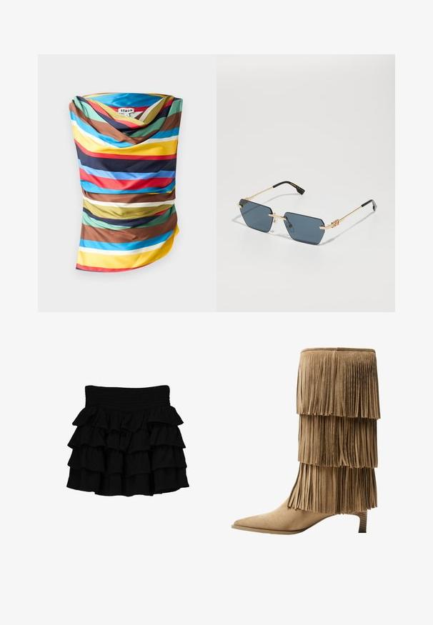 Mehrfarbener Schal mit kräftigen horizontalen Streifen in Blau, Rot, Gelb, Braun und Grün. Glatter Stoff mit drapiertem Design.; Braunes Stoffoberteil mit gerafftem Drapieren und einem einzigartigen Halterhalsdesign. Verfügt über eine glatte Textur und eine elegante Silhouette.; Schwarzer Rüschensrock mit einem geschnürten Bund, aus einem weichen Stoff mit geschichteten, kaskadierenden Rüschen für zusätzliche Textur.; Fransen-Stiefelette aus taupefarbenem Wildleder mit drei Lagen Fransen. Spitz zulaufende Zehenpartie und ein niedriger Blockabsatz. Durchgehend glatte Oberfläche.; Rechteckige Sonnenbrillen mit dunkelblauen Linsen, goldfarbigem Metallrahmen und schwarzen Bügelspitzen. Klare Nasenpolster und Logodetail an den Bügeln.