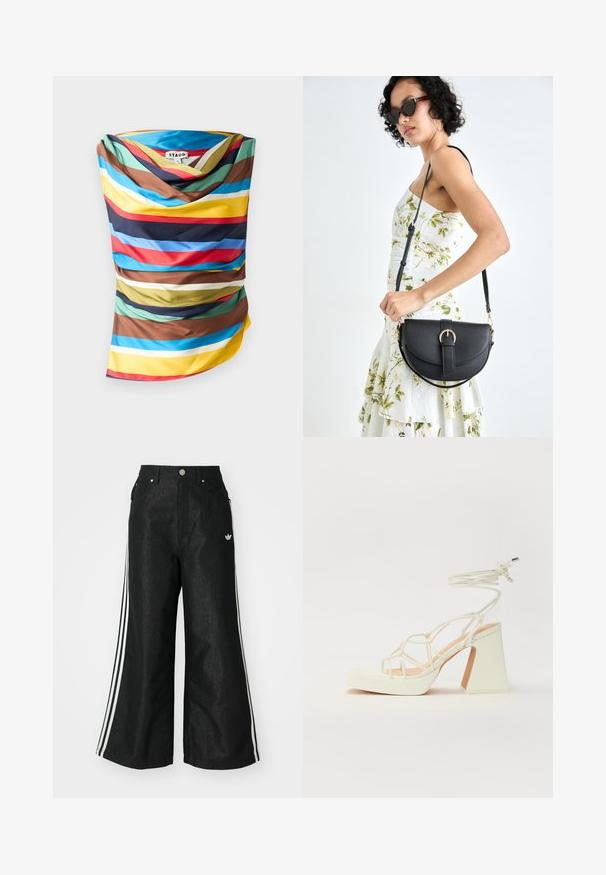 Dažādu krāsu šalle ar pamanāmiem horizontāliem svītrainiem zilā, sarkanā, dzeltenā, brūnā un zaļā krāsā. Gluda auduma šalle ar plūstošu dizainu.; Melni platās kājas džinsi ar trim baltām svītrām katrā pusē un mazu baltu logotipu. Iezīmē priekšējos kabatas un pogu aizdari.; Baltas augstpapēžu sandales ar masīvu papēdi, ar siksnu dizainu un potītes saistītiem elementiem. Gluda tekstūra ar platformu priekšpusē, lai nodrošinātu papildu augstumu.; Melnas ādas rokassoma ar izliekta formu, noņemamu siksnu un zelta aksesuāriem. Somai ir vāciņš ar sprādzes detaļu.