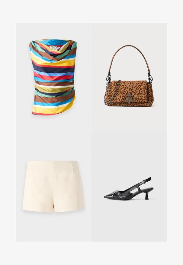 Multikleurige sjaal met gedurfde horizontale strepen in tinten blauw, rood, geel, bruin en groen. Soepele stof met een gedrapeerd ontwerp.; Beige op maat gemaakte shorts van lichtgewicht stof, met een gladde textuur, strakke lijnen en geen zichtbare sluitingen of zakken.; Zwarte leren slingback schoen met een puntige neus, decoratieve banden met metalen oogjes en een lage blokhak. Textuur oppervlak.; Luipaardprint handtas van suede met een korte hengsel, een kettingriem en een zwarte sluiting. Rechthoekige vorm met een klep-sluiting.