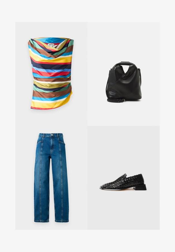 Večbarvni šal z drzno horizontalnimi črtami v odtenkih modre, rdeče, rumene, rjave in zelene. Gladka tkanina z padajočim dizajnom.; Visoko pasom modre kavbojke širokih nogavic, s sprednjimi navpičnimi šivi, stranskimi žepi, luknjami za pas in gumbnim zapiranjem.; Črne usnjene pletene natikače z nizko blok peto in valovitim robom, prikazane na beli podlagi.; Črna, mehka usnjena torba z edinstveno zasnovo z vrtenjem. Ima kratek ročaj in snemljiv ramenski trak. Minimalističen slog.