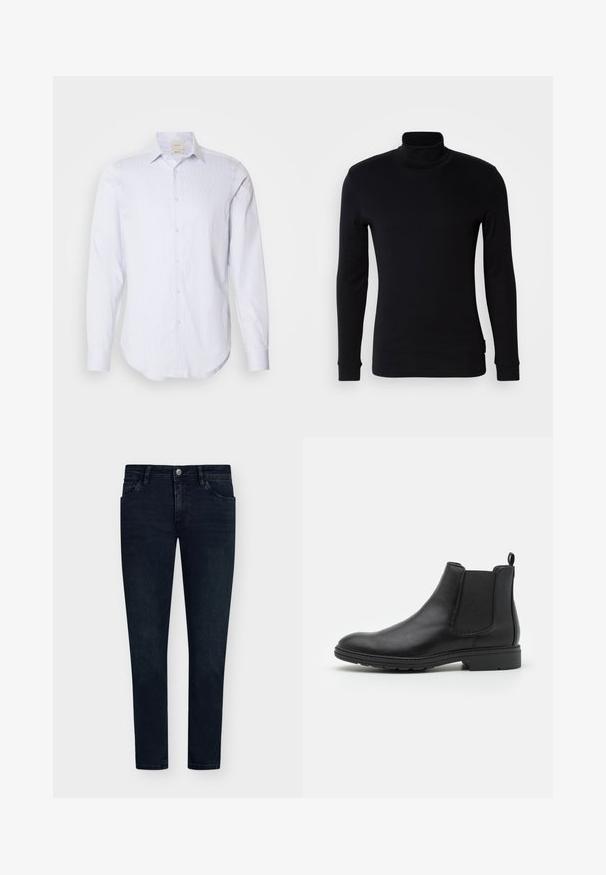 Lichtblauw en wit gestreept overhemd met lange mouwen, voorzien van een volledige knoopsluiting, puntige kraag en afgeronde zoom. Gemaakt van katoen, met een gladde textuur.; Zwarte langemouw turtleneck shirt gemaakt van zachte stof. Heeft een aansluitend ontwerp met ribbels aan de mouwen en een gladde textuur. Geen patronen of logo's.; Donkerblauwe denim jeans met een slim fit, vijfzakkenontwerp, knoopsluiting en minimale vervaging. Rechte voorkant en smalle beenopeningen.; Zwarte leren Chelsea-boot met elastische zijpanelen en een trekhaak, met een ronde neus en een gestructureerde rubberen zool.