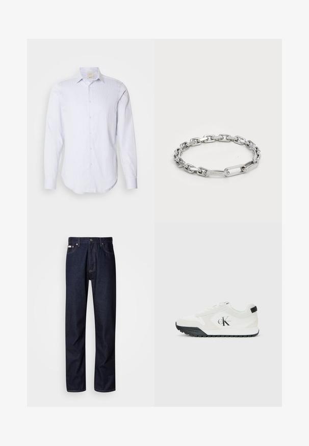 Šviesiai mėlynas ir baltas dryžuotas ilgomis rankovėmis marškinėliai su pilnu mygtukų užsegimu, smailiu coloriu ir suapvalintu kraštu. Pagaminta iš medvilnės, lygi tekstūra.; Tamsiai mėlynos džinsinės kelnės su tiesiomis kojomis, turinčios mygtukų užtraukimą, penkias kišenes ir kontrastingas siuvimo detales.; Calvin Klein baltos sportsbateliai su juodu padu, su zomšos ir tinklelio detalėmis, CK logotipas šone ir Calvin Klein ženklinimas ant kulno bei pado.; Sidabro grandinėlė, kurią sudaro ovalūs ir stačiakampiai akmenukai, turintys lygų paviršių. Išgraviruotas Calvin Klein logotipas ant plokščio akmenuko.