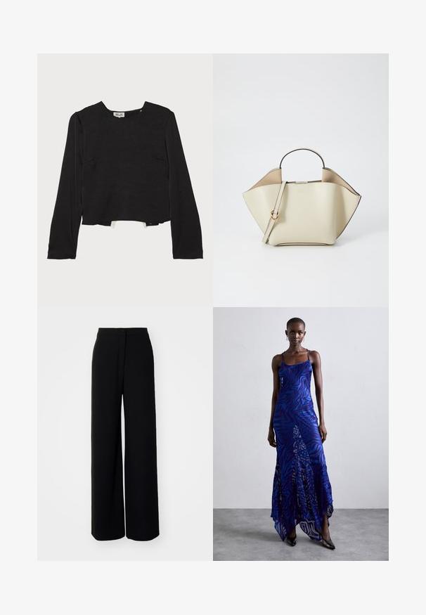 Juoda ilgomis rankovėmis palaidinė su apvaliu iškirpimu, tekstūruotas audinys, trumpas apvadas ir subtilios siūlės, su šoninėmis kišenėmis pridėtiniam akcentui.; Juodos plačios kelnės su aukštu liemeniu, lygios medžiagos, priekyje užsegamos mygtuku, be matomų kišenių, pasižyminčios pritaikytu siluetu.; Mėlynas ir purpurinis gyvūnų rašto ilgas suknelė su plonomis petnešomis, prigludusia krūtinės dalimi, plačiu apvadu ir permatomais akcentais.; Ree Projects ANN - Rankinė - beige