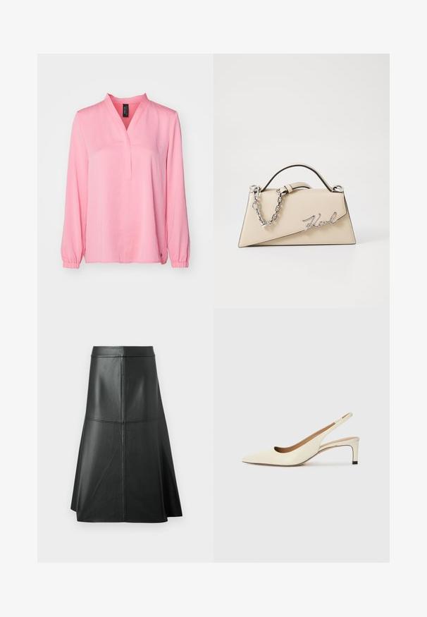 Rosa Bluse mit langen Ärmeln, V-Ausschnitt, elastischen Bündchen und geradem Saum. Hergestellt aus weichem Material mit glatter Textur. Keine sichtbaren Muster.; Schwarzer Leder-A-Linie-Rock, glatte Textur, midi-länge, mit horizontalen Nähten am Bund und den Nähten für zusätzliche Struktur.; Spitz zulaufender Slingback-Schuh aus cremefarbenem Leder, ausgestattet mit einem niedrigen Absatz und einem ausgeschnittenen Design mit glatter Textur und minimalen Akzenten.; Beige Leder-Handtasche mit einer strukturierten, dreieckigen Form, ausgestattet mit einem silbernen Kettenhenkel und einem geschwungenen Logo aus Metall.